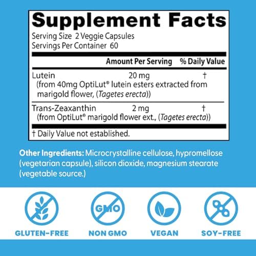 Doctors Best Lutein Supplement 20mg with Trans Zeaxanthin   Lutein for Eyes  Eye Health Vitamins for Men & Women  Vision and Macular Health Support Capsules  OptiLut Marigold Flower   120 Veg Caps