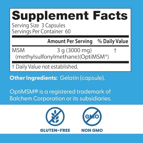 Doctors Best MSM Supplement Capsules for Men & Women   Supports Hair  Skin  Nails  Joint Health & Mobility  3000 mg Per Serving  Delivers Beneficial Sulfur w/OptiMSM  Gluten Free  Non GMO   180 Caps