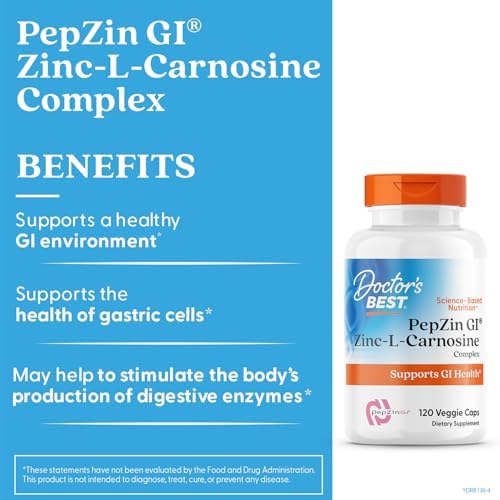 Doctors Best PepZin GI  Zinc L Carnosine Complex for Men & Women   Zinc Carnosine Supplement Caps for Gut Health  Digestive Support  & Stomach Comfort  Vegan  Gluten Free   120 Veg Capsules