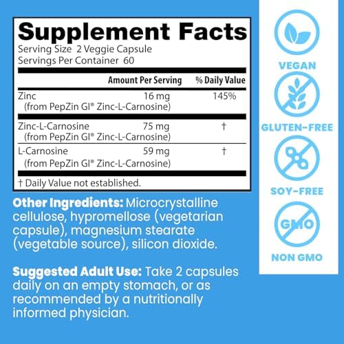 Doctors Best PepZin GI  Zinc L Carnosine Complex for Men & Women   Zinc Carnosine Supplement Caps for Gut Health  Digestive Support  & Stomach Comfort  Vegan  Gluten Free   120 Veg Capsules