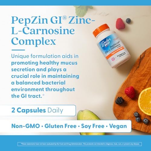 Doctors Best PepZin GI  Zinc L Carnosine Complex for Men & Women   Zinc Carnosine Supplement Caps for Gut Health  Digestive Support  & Stomach Comfort  Vegan  Gluten Free   120 Veg Capsules