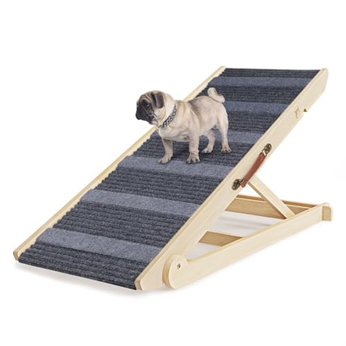 Dog Ramp for Bed  Folding Wooden Pet Ramp for Small Large Dogs Cats  7 Adjustable Height from 10 8 to 26 6  Portable Stable Dog Pet Steps for Car Couch High Bed  Supports Up to 200lbs