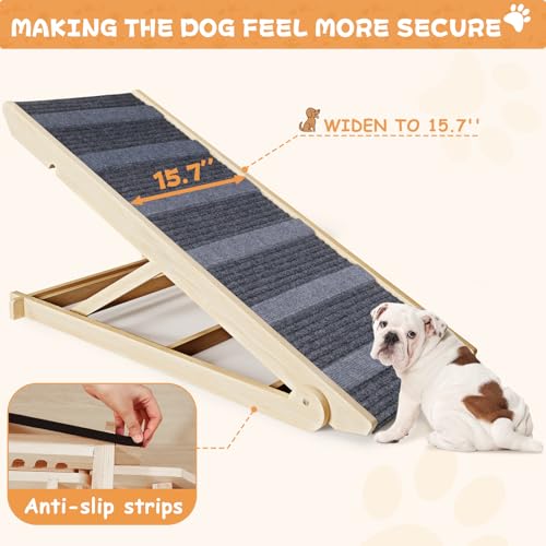 Dog Ramp for Bed  Folding Wooden Pet Ramp for Small Large Dogs Cats  7 Adjustable Height from 10 8 to 26 6  Portable Stable Dog Pet Steps for Car Couch High Bed  Supports Up to 200lbs