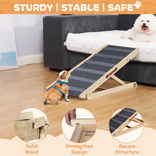 Dog Ramp for Bed  Folding Wooden Pet Ramp for Small Large Dogs Cats  7 Adjustable Height from 10 8 to 26 6  Portable Stable Dog Pet Steps for Car Couch High Bed  Supports Up to 200lbs