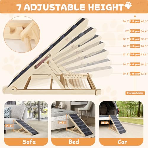 Dog Ramp for Bed  Folding Wooden Pet Ramp for Small Large Dogs Cats  7 Adjustable Height from 10 8 to 26 6  Portable Stable Dog Pet Steps for Car Couch High Bed  Supports Up to 200lbs