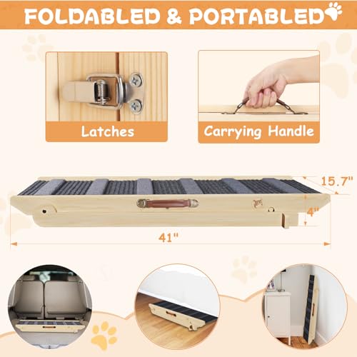Dog Ramp for Bed  Folding Wooden Pet Ramp for Small Large Dogs Cats  7 Adjustable Height from 10 8 to 26 6  Portable Stable Dog Pet Steps for Car Couch High Bed  Supports Up to 200lbs