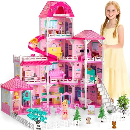 Dollhouses for Girls  Housetoys with Furniture  4 Floor 10 Rooms DIY House Slide Accessories  Toddler Playhouse with 2 Princesses  Toys for for 3 4 5 6 7 8 9 10 Year Old Girls