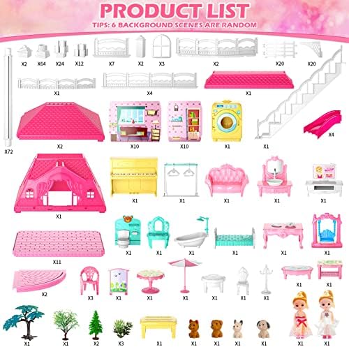 Dollhouses for Girls  Housetoys with Furniture  4 Floor 10 Rooms DIY House Slide Accessories  Toddler Playhouse with 2 Princesses  Toys for for 3 4 5 6 7 8 9 10 Year Old Girls