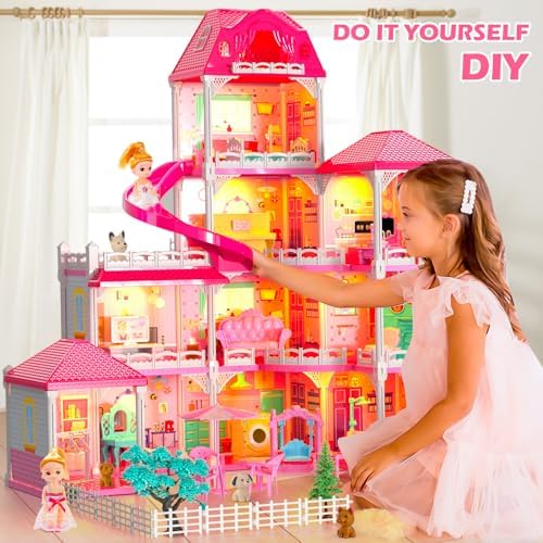 Dollhouses for Girls  Housetoys with Furniture  4 Floor 10 Rooms DIY House Slide Accessories  Toddler Playhouse with 2 Princesses  Toys for for 3 4 5 6 7 8 9 10 Year Old Girls
