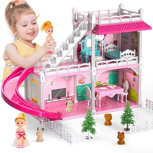 Dollhouses for Girls  Housetoys with Furniture  4 Floor 10 Rooms DIY House Slide Accessories  Toddler Playhouse with 2 Princesses  Toys for for 3 4 5 6 7 8 9 10 Year Old Girls