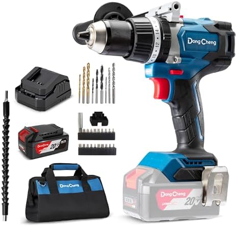 Dong Cheng 20V Brushless Hammer Drill  1062 in lbs  1/2 Keyless Metal Chuck  24 1 1 Clutch  Cordless Hammer Drill with 4 0Ah Battery Kit for Drilling Brick Wall  Metal  Wood