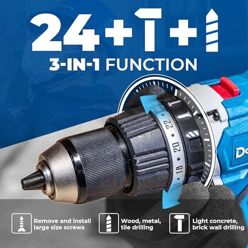 Dong Cheng 20V Brushless Hammer Drill  1062 in lbs  1/2 Keyless Metal Chuck  24 1 1 Clutch  Cordless Hammer Drill with 4 0Ah Battery Kit for Drilling Brick Wall  Metal  Wood