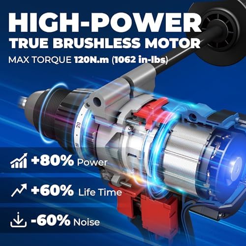 Dong Cheng 20V Brushless Hammer Drill  1062 in lbs  1/2 Keyless Metal Chuck  24 1 1 Clutch  Cordless Hammer Drill with 4 0Ah Battery Kit for Drilling Brick Wall  Metal  Wood