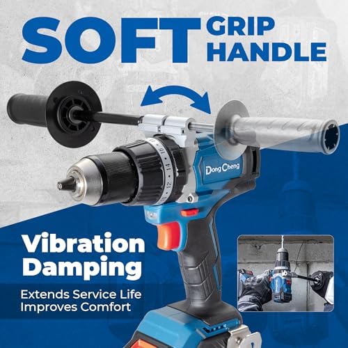 Dong Cheng 20V Brushless Hammer Drill  1062 in lbs  1/2 Keyless Metal Chuck  24 1 1 Clutch  Cordless Hammer Drill with 4 0Ah Battery Kit for Drilling Brick Wall  Metal  Wood