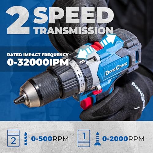 Dong Cheng 20V Brushless Hammer Drill  1062 in lbs  1/2 Keyless Metal Chuck  24 1 1 Clutch  Cordless Hammer Drill with 4 0Ah Battery Kit for Drilling Brick Wall  Metal  Wood