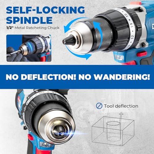 Dong Cheng 20V Brushless Hammer Drill  1062 in lbs  1/2 Keyless Metal Chuck  24 1 1 Clutch  Cordless Hammer Drill with 4 0Ah Battery Kit for Drilling Brick Wall  Metal  Wood