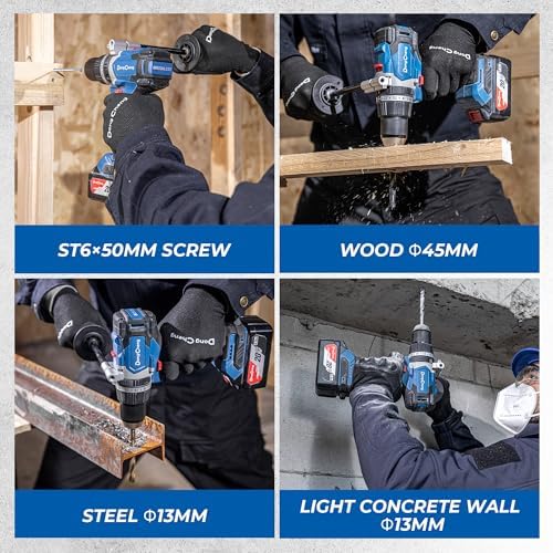 Dong Cheng 20V Brushless Hammer Drill  1062 in lbs  1/2 Keyless Metal Chuck  24 1 1 Clutch  Cordless Hammer Drill with 4 0Ah Battery Kit for Drilling Brick Wall  Metal  Wood