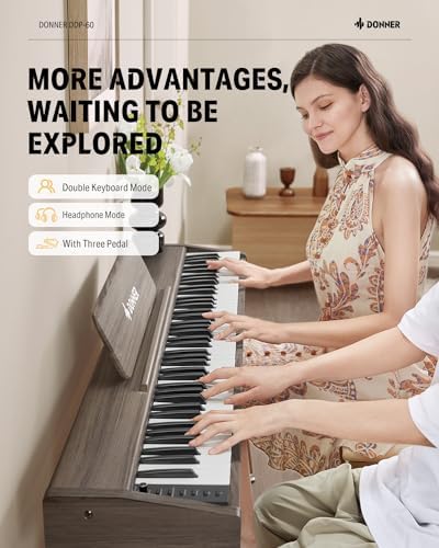 Donner OURA DDP-60 Piano digital de 88 teclas: teclado de tamaño completo, tacto sensible, 8 reverberaciones, grabación, 128 voces. Incluye tres pedales, teclado de piano eléctrico para principiantes