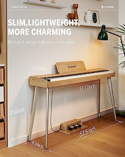 Donner OURA DDP-60 Piano digital de 88 teclas: teclado de tamaño completo, tacto sensible, 8 reverberaciones, grabación, 128 voces. Incluye tres pedales, teclado de piano eléctrico para principiantes