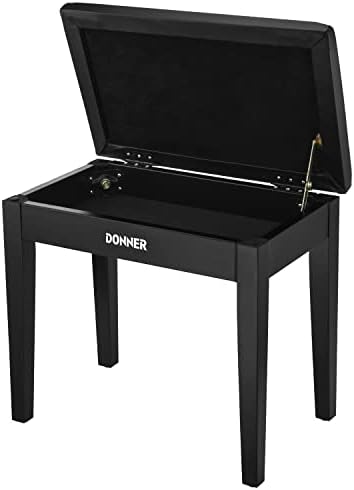 Donner Piano Bench with Storage  Solid Wood Keyboard Bench Piano Bookcase Stool Chair Seat with High Density Sponges Pad  Black