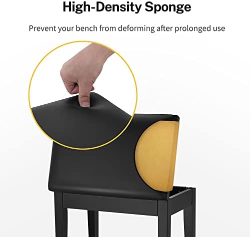 Donner Piano Bench with Storage  Solid Wood Keyboard Bench Piano Bookcase Stool Chair Seat with High Density Sponges Pad  Black