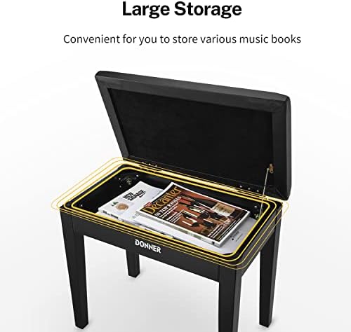 Donner Piano Bench with Storage  Solid Wood Keyboard Bench Piano Bookcase Stool Chair Seat with High Density Sponges Pad  Black
