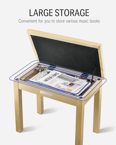 Donner Piano Bench with Storage  Solid Wood Keyboard Bench Piano Bookcase Stool Chair Seat with High Density Sponges Pad  Black