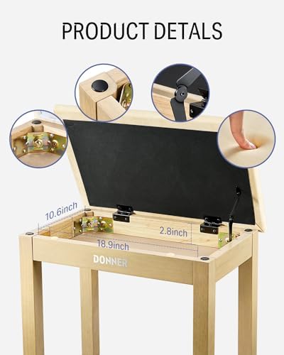 Donner Piano Bench with Storage  Solid Wood Keyboard Bench Piano Bookcase Stool Chair Seat with High Density Sponges Pad  Black