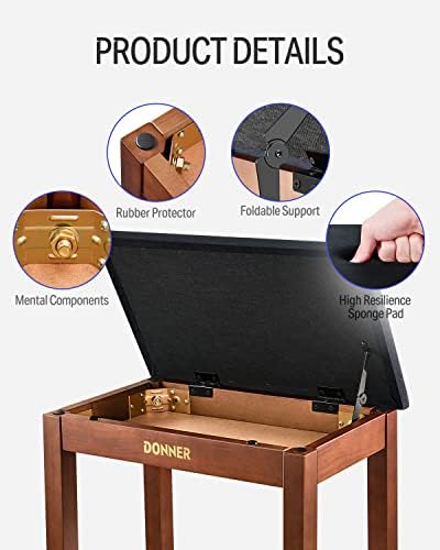 Donner Piano Bench with Storage  Solid Wood Keyboard Bench Piano Bookcase Stool Chair Seat with High Density Sponges Pad  Black