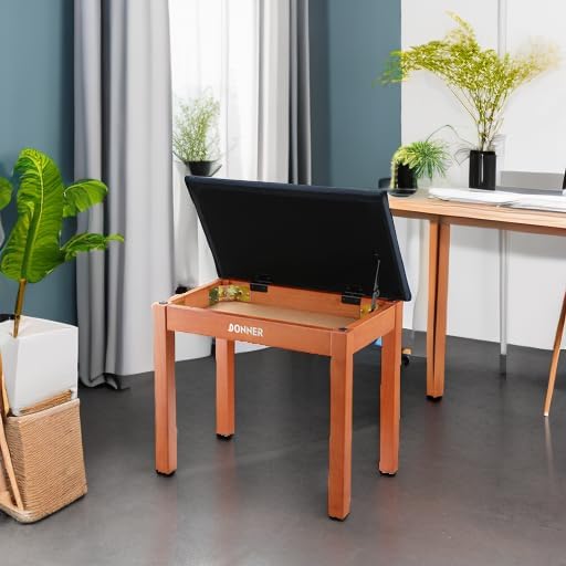 Donner Piano Bench with Storage  Solid Wood Keyboard Bench Piano Bookcase Stool Chair Seat with High Density Sponges Pad  Black