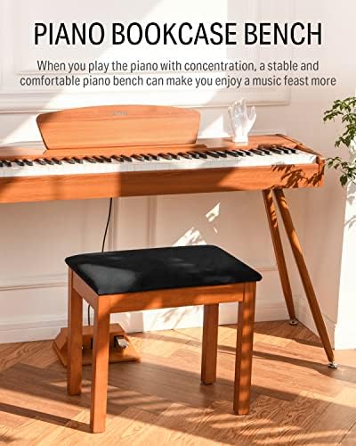 Donner Piano Bench with Storage  Solid Wood Keyboard Bench Piano Bookcase Stool Chair Seat with High Density Sponges Pad  Black