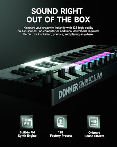 Donner STARRYKEY 37 PLAY MIDI Keyboard Controller  37 Key Portable MIDI Controller with 128 Build in Voices  16 Drum Pads  Arpeggio  Sequencer  USB/Wireless Connection  4 DAW Software & 40 Courses