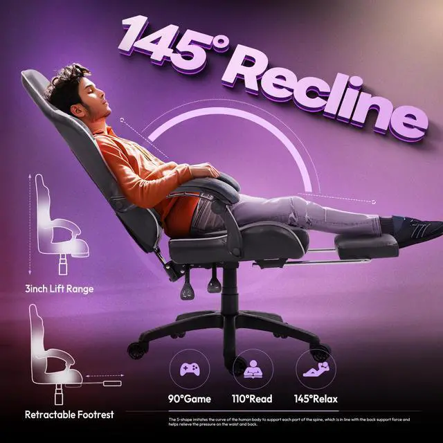 Dowinx Ergonimic Gaming Chair with Massage Lumbar Support  Video Game Chair for Adults  Adjustable Gamer Chairs High Back with Pocket Spring Cushion  360  Swivel Recliner with Footrest  Black&Grey