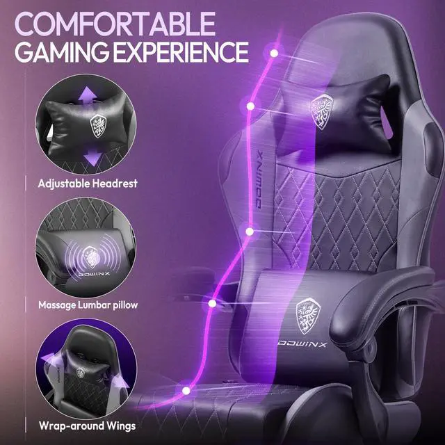 Dowinx Ergonimic Gaming Chair with Massage Lumbar Support  Video Game Chair for Adults  Adjustable Gamer Chairs High Back with Pocket Spring Cushion  360  Swivel Recliner with Footrest  Black&Grey