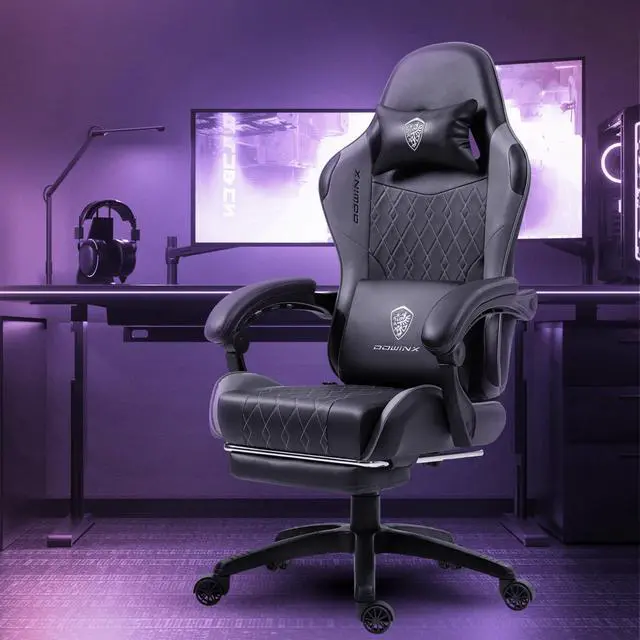 Dowinx Ergonimic Gaming Chair with Massage Lumbar Support  Video Game Chair for Adults  Adjustable Gamer Chairs High Back with Pocket Spring Cushion  360  Swivel Recliner with Footrest  Black&Grey