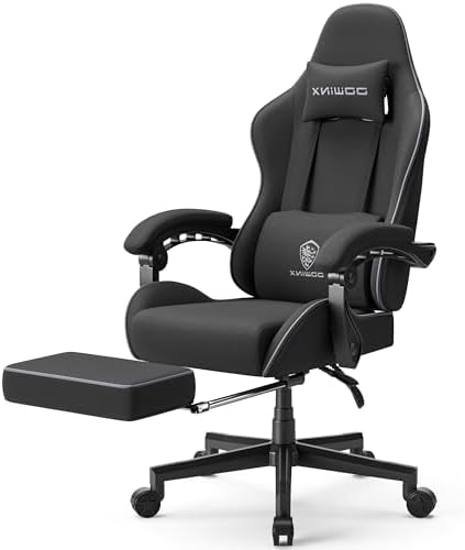 Dowinx Gaming Chair Fabric with Pocket Spring Cushion  Massage Game Chair Cloth with Headrest  Ergonomic Computer Chair with Footrest 290LBS  Black and Grey