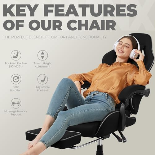 Dowinx Gaming Chair Fabric with Pocket Spring Cushion  Massage Game Chair Cloth with Headrest  Ergonomic Computer Chair with Footrest 290LBS  Black