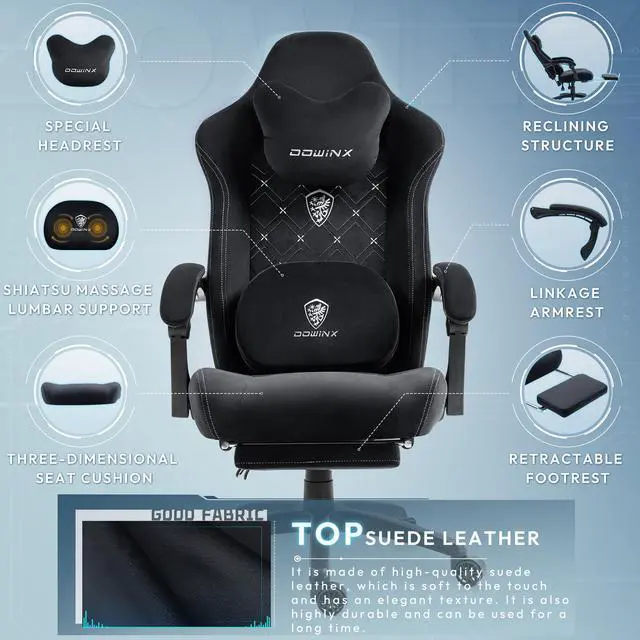 Dowinx Gaming Chair Fabric with Heated Shiatsu Massage Lumbar Support  Big and Tall Game Chair Breathable with Footrest and Pocket Spring Cushion  High Back Computer Chair for Adult  Black