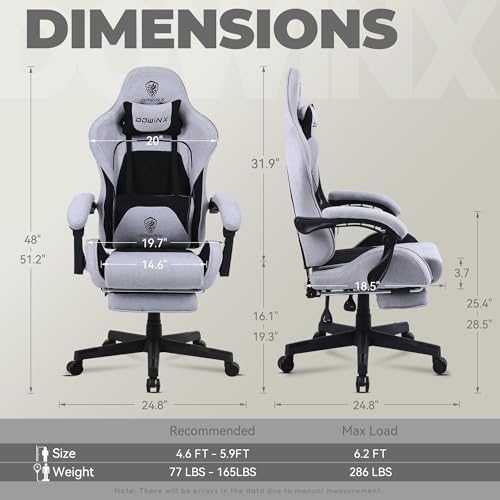 Dowinx Gaming Chair Fabric with Pocket Spring Cushion  Massage Game Chair Cloth with Headrest  Ergonomic Computer Chair with Footrest 290LBS  Black and Grey