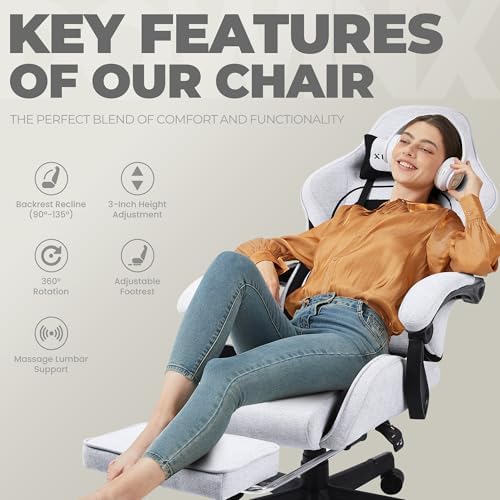 Dowinx Gaming Chair Fabric with Pocket Spring Cushion  Massage Game Chair Cloth with Headrest  Ergonomic Computer Chair with Footrest 290LBS  Black and Grey