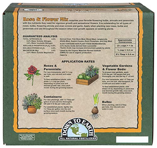 Down To Earth All Natural Fertilizers Organic Rose & Flower Mix   Plant Food for Roses  Bulbs  Flowers and Ornamentals 4 8 4  1 lb