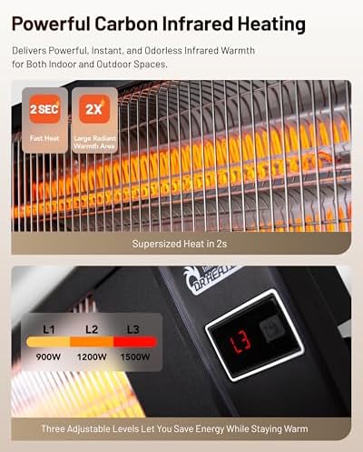 Dr Infrared Heater DR 238 Carbon Infrared Outdoor Heater for Restaurant  Patio  Backyard  Garage  and Decks  Standard  Black
