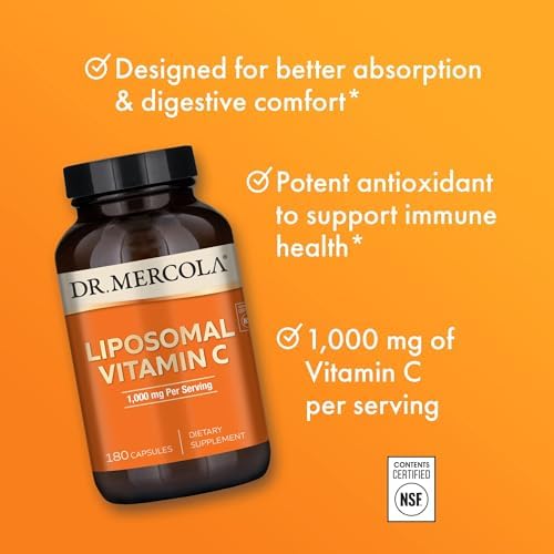 Dr  Mercola Liposomal Vitamin C   Brain  Heart  Eye & Immune Support   Provides 1 000 mg of Bioavailable Vitamin C   Non GMO  Gluten Free & Soy Free   180 Capsules  90 Servings