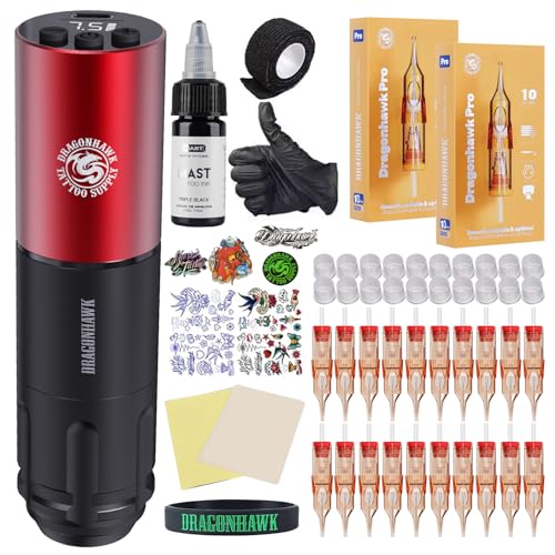 Dragonhawk A1 Beginner Tattoo Kit  Wireless Complete Pro Tattoo Gun Pen Machine Kit  Cartridges Tattoo Machine Needles