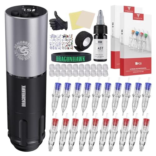 Dragonhawk A1 Beginner Tattoo Kit  Wireless Complete Pro Tattoo Gun Pen Machine Kit  Cartridges Tattoo Machine Needles