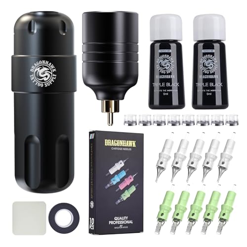 Dragonhawk Complete Tattoo Gun Kit Cordless Tattoo Machine Pen Kit Beginner Pro Tattoo Kit Cartridges Needles Coreless Motor 3 5mm Stroke Length