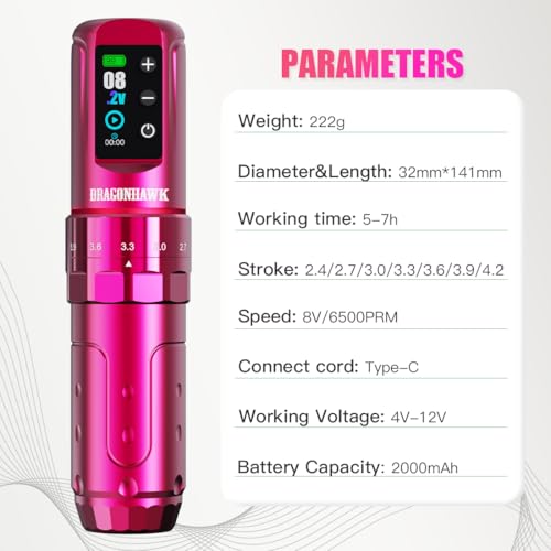 Dragonhawk L3 Tattoo Kit  Cordless/Cord Complete Tattoo Gun Kit Pen Machine  7 Strokes Length  2 Batteries 2 000mAh Power Supply with Extra Battery Rca Jack Part  Pro Tattoo Needles for Beginner