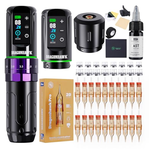 Dragonhawk L3 Tattoo Kit  Cordless/Cord Complete Tattoo Gun Kit Pen Machine  7 Strokes Length  2 Batteries 2 000mAh Power Supply with Extra Battery Rca Jack Part  Pro Tattoo Needles for Beginner