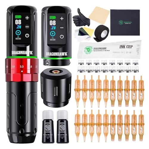 Dragonhawk L3 Tattoo Kit  Cordless/Cord Complete Tattoo Gun Kit Pen Machine  7 Strokes Length  2 Batteries 2 000mAh Power Supply with Extra Battery Rca Jack Part  Pro Tattoo Needles for Beginner