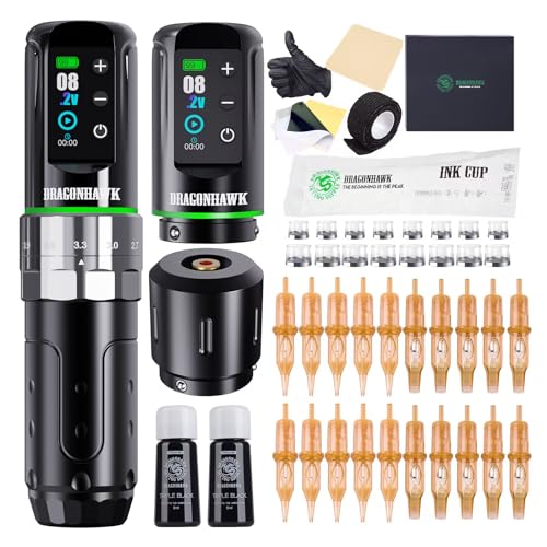Dragonhawk L3 Tattoo Kit  Cordless/Cord Complete Tattoo Gun Kit Pen Machine  7 Strokes Length  2 Batteries 2 000mAh Power Supply with Extra Battery Rca Jack Part  Pro Tattoo Needles for Beginner